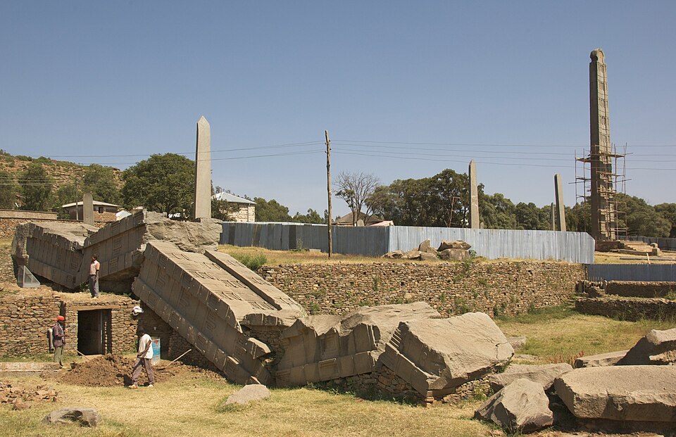 The North Stelae Park at Aksum, Ethiopia, showing tall carved stone pillars