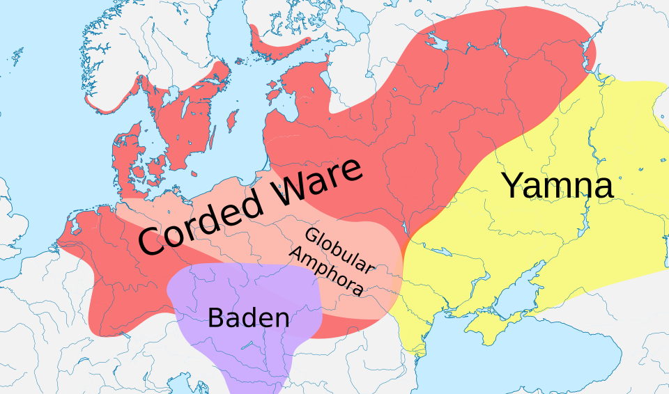 Map showing the geographic extent of the Corded Ware culture across northern Europe, c. 3200–2300 BCE