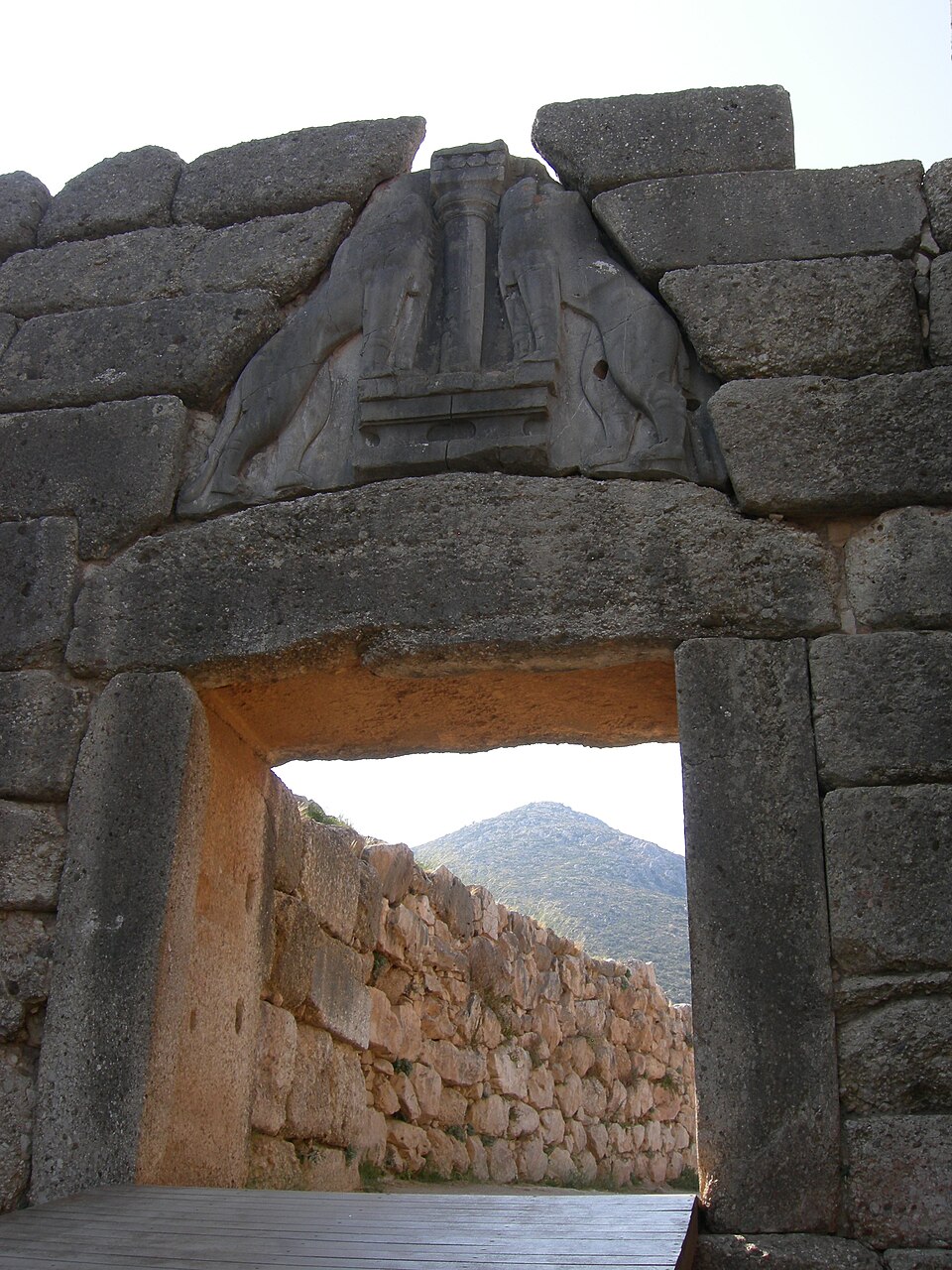 The Lion Gate at Mycenae, a massive stone gateway with a relief sculpture of two lions flanking a central column