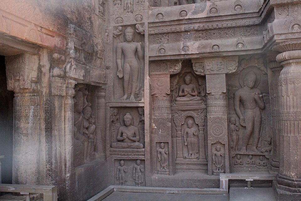 Rock-cut facades of the Ajanta Caves, Maharashtra, India, carved during the Buddhist period
