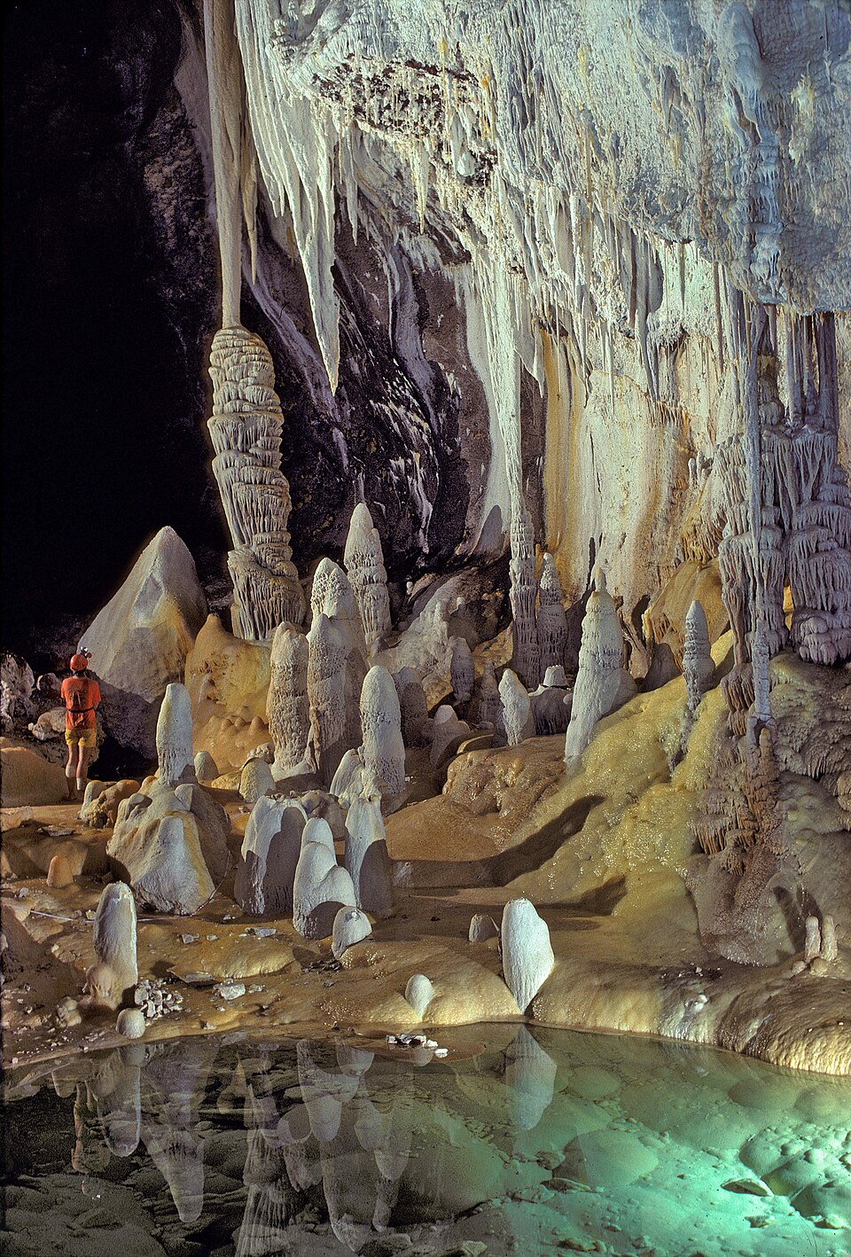 Stalactites, stalagmites, and draperies reflected in a pool in Lechuguilla Cave, New Mexico