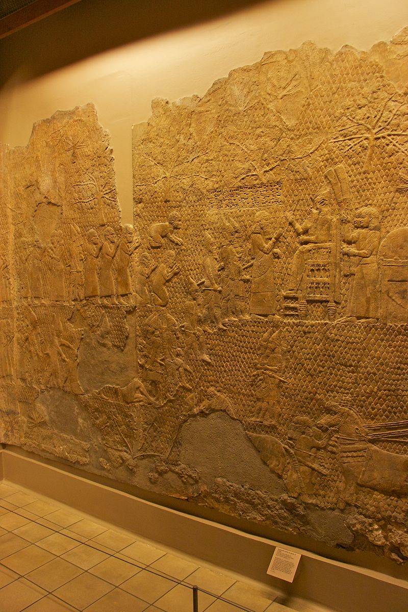 Detail of an Assyrian gypsum wall relief from the Southwest Palace at Nineveh showing the siege of Lachish