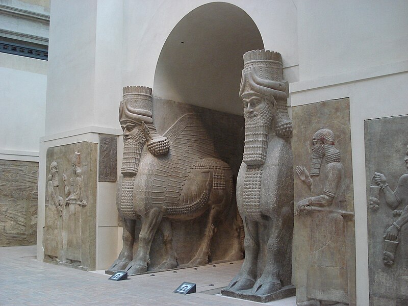 Pair of colossal human-headed winged bulls (lamassu) from the gate of Sargon II's palace at Khorsabad, now in the Louvre