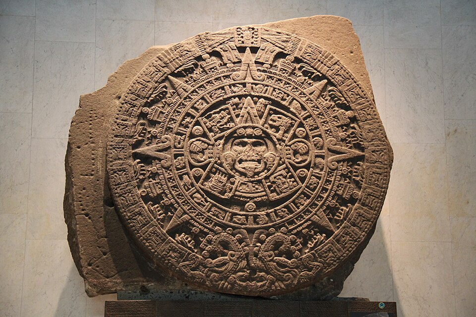 The Aztec Sun Stone (Calendar Stone) on display at the National Museum of Anthropology, Mexico City