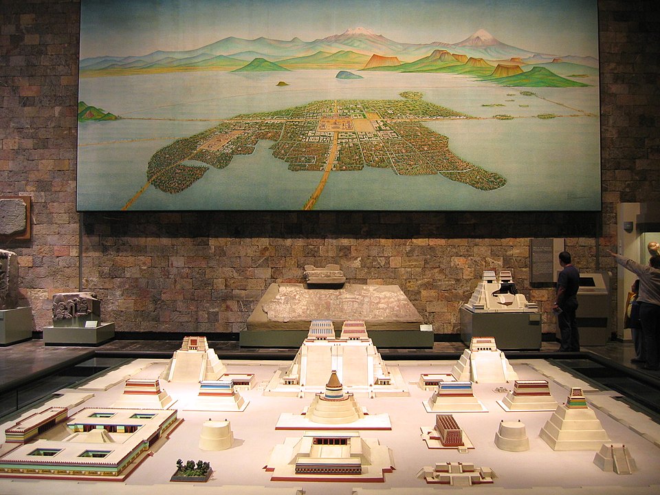 Scale model reconstruction of the Aztec capital Tenochtitlan showing the Templo Mayor and surrounding causeways on Lake Texcoco