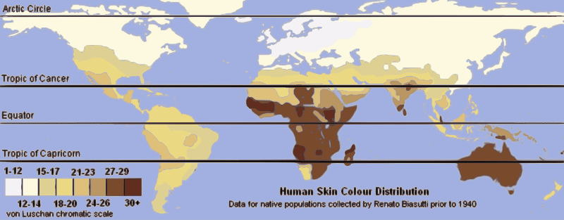 World map showing the global distribution of human skin colour based on the Von Luschan chromatic scale
