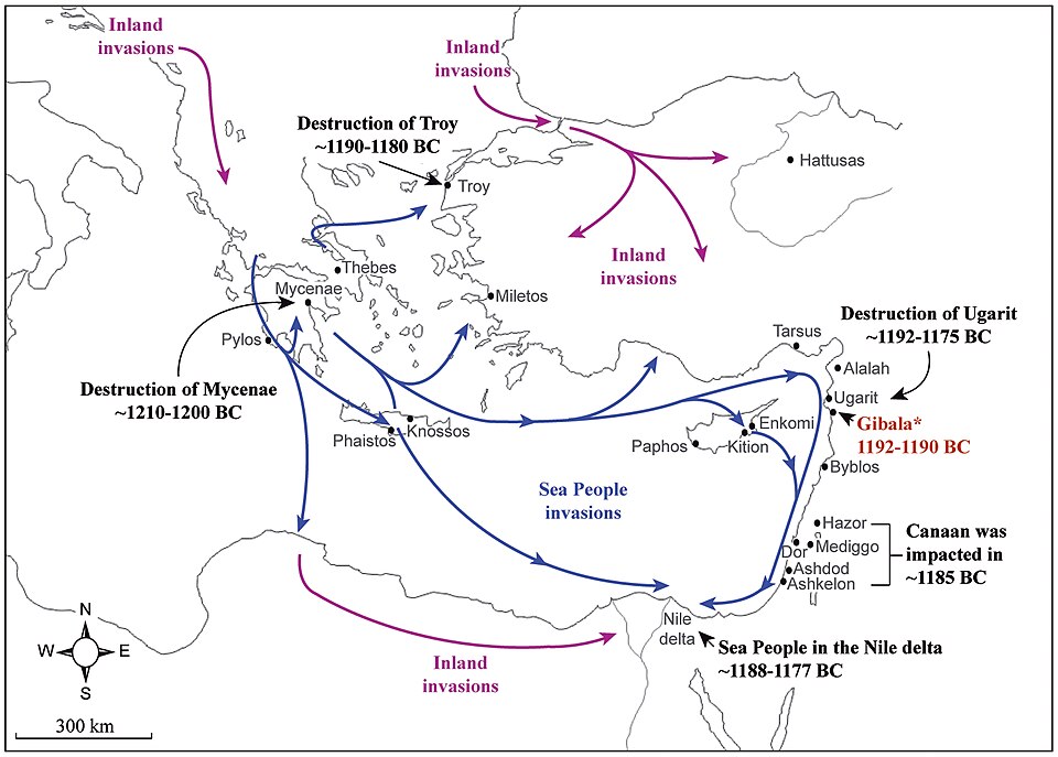 Map of Sea People invasions in the Aegean Sea and Eastern Mediterranean at the end of the Late Bronze Age