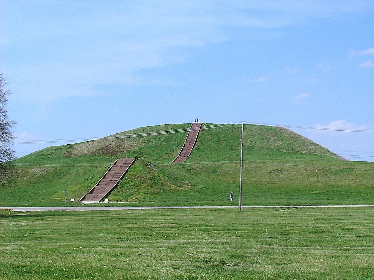 Aerial view of Monks Mound at the Cahokia archaeological site, a large flat-topped earthen pyramid