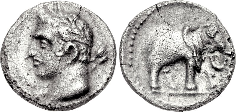 Silver quarter-shekel coin from Punic Spain, 237-209 BCE, showing a laureate male head and an elephant