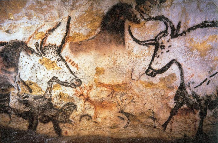 Aurochs, horses and deer painted on a cave