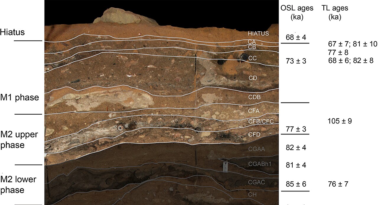 Stratigraphic profile of Blombos Cave, South Africa, showing archaeological layers spanning tens of thousands of years