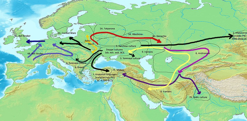 Map showing the proposed expansion routes of Indo-European languages from the Pontic-Caspian steppe across Eurasia