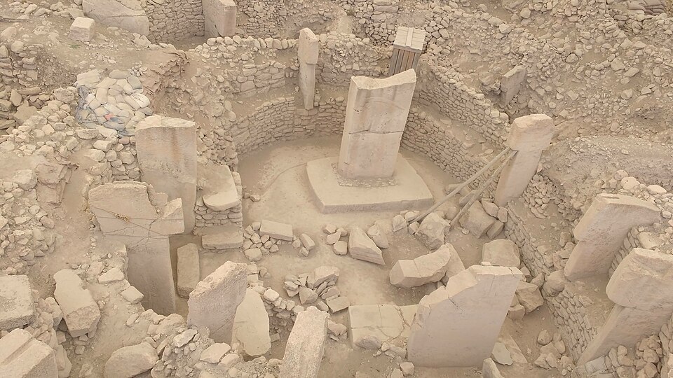 Excavated enclosures at Gobekli Tepe showing T-shaped limestone pillars arranged in circular formations