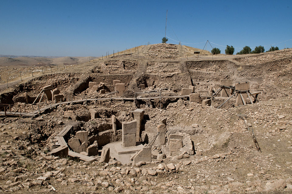 Aerial view of the Gobekli Tepe excavation site showing circular enclosures and T-shaped limestone pillars
