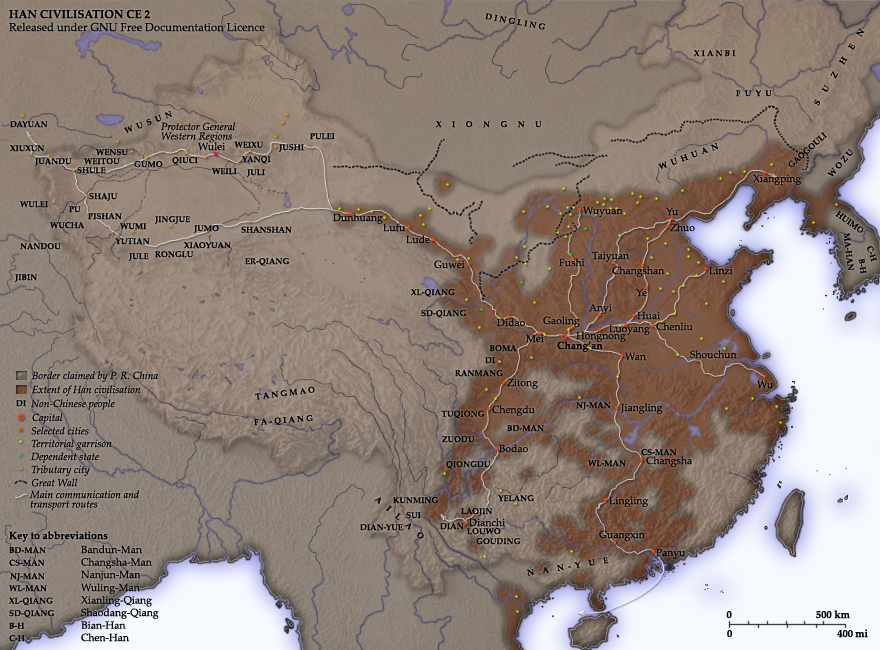 Map of the Han empire and its tributaries around 2 CE, showing the commanderies, the Great Wall, the Western Regions, and the major Silk Road routes