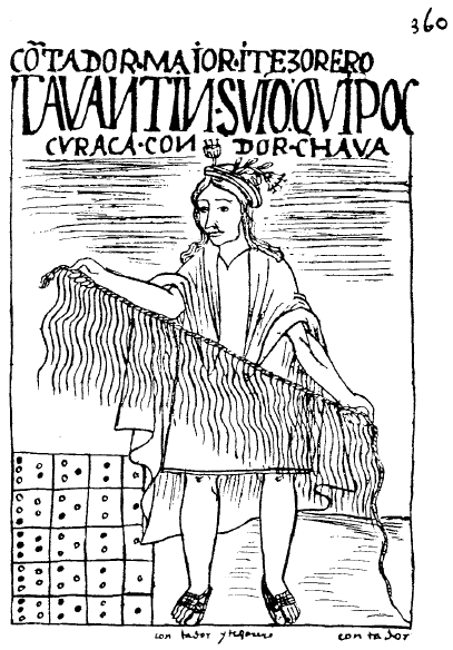Drawing of an Inca quipucamayoc (khipu keeper) holding a khipu, from Felipe Guaman Poma de Ayala's chronicle