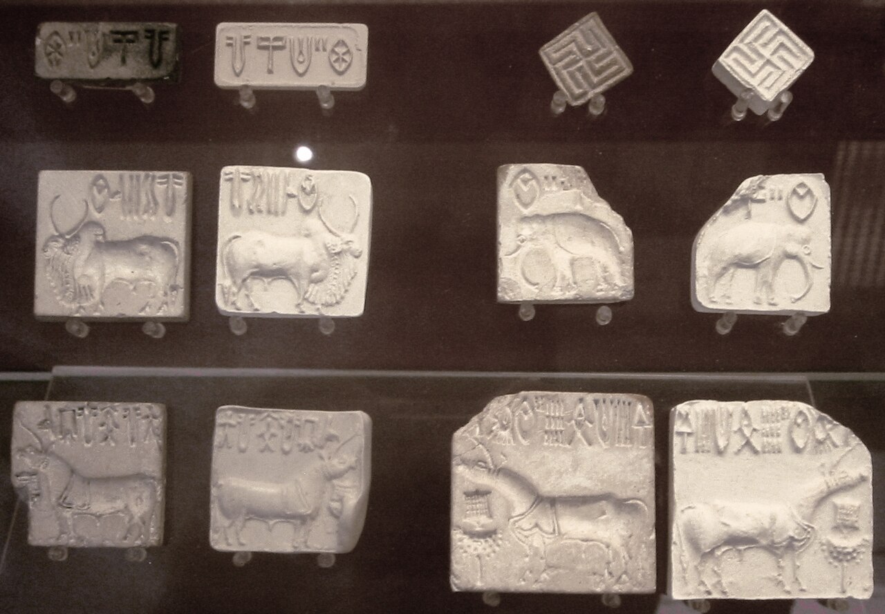 A steatite seal from the Indus Valley civilization showing a unicorn-like animal and undeciphered script characters