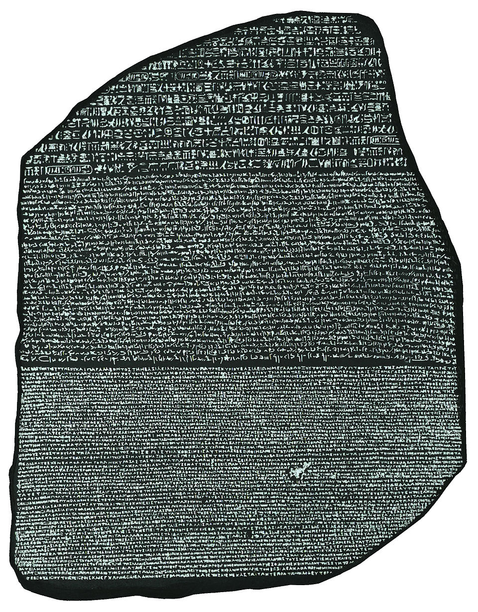 The Rosetta Stone, a granodiorite stele inscribed in three scripts: hieroglyphic, Demotic, and Greek