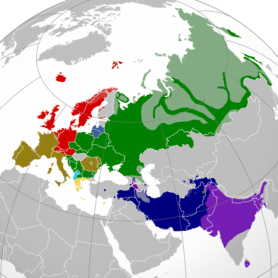 Map showing the present-day geographic distribution of the eight major branches of the Indo-European language family across Europe and Asia