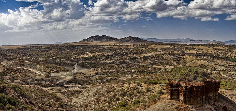 View of Olduvai Gorge in Tanzania, showing exposed stratigraphic layers