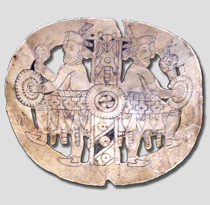 Craig style engraved shell gorget from Spiro depicting raccoon dancers