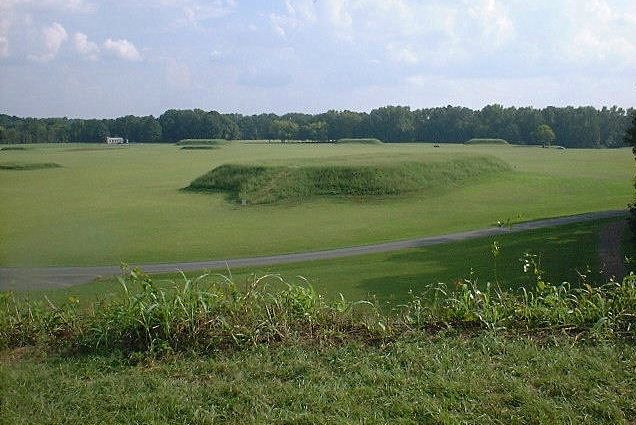 Aerial view of Moundville Archaeological Site in Alabama, showing the arrangement of platform mounds around a central plaza