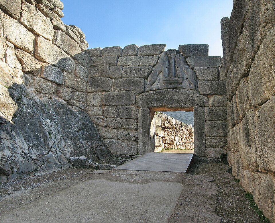 The Lion Gate at Mycenae, with its triangular relief sculpture of two lions flanking a column