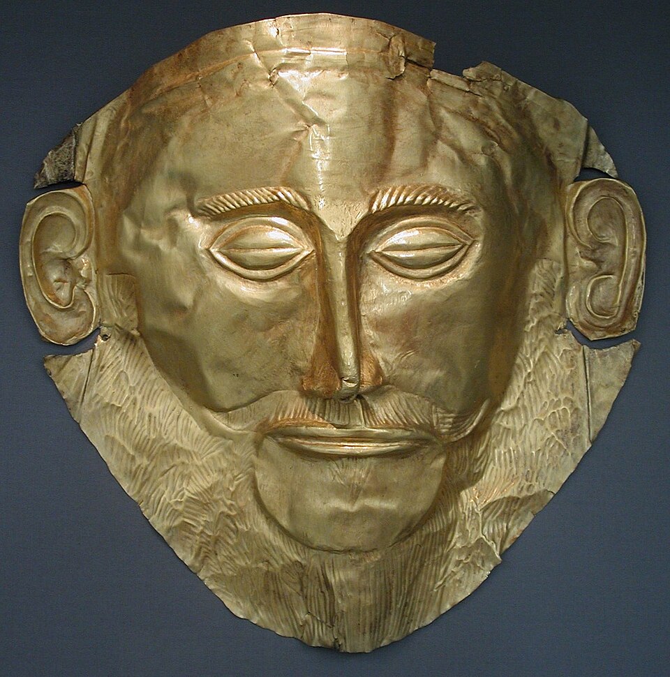 Gold funeral mask known as the Mask of Agamemnon, found at Mycenae