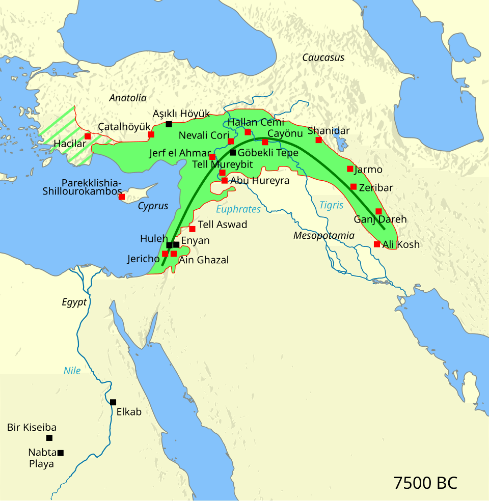 Map of the Fertile Crescent showing Pre-Pottery Neolithic B sites circa 7500 BC