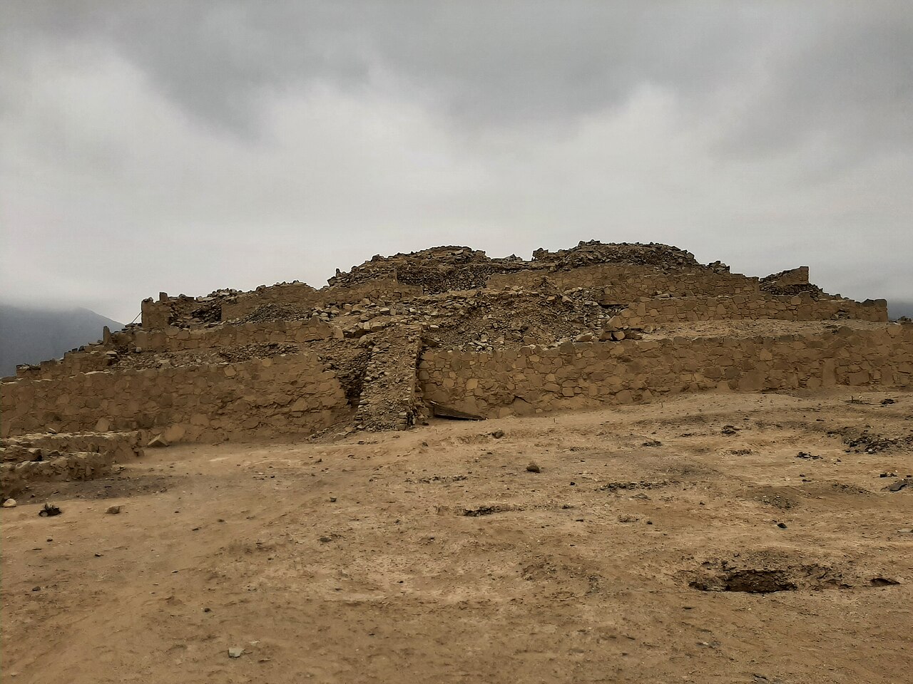 Aerial view of the monumental stone architecture at the Caral archaeological site in Peru