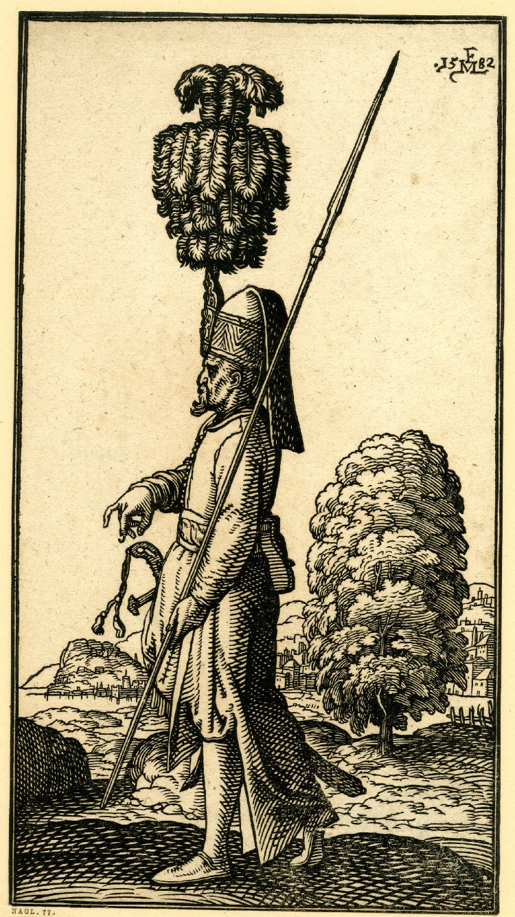 A Janissary (yeniceri) of the Ottoman Empire depicted by the Danish artist Melchior Lorck in the late sixteenth century