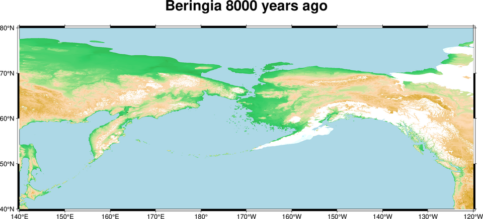 Map of Beringia approximately 8,000 years ago, showing the land bridge between Siberia and Alaska just as it was being submerged by rising sea levels