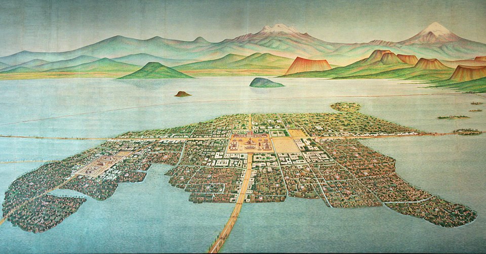 Painting depicting the Aztec cities of Tenochtitlan and Tlatelolco on Lake Texcoco, displayed in the Aztec Gallery of the National Museum of Anthropology, Mexico City