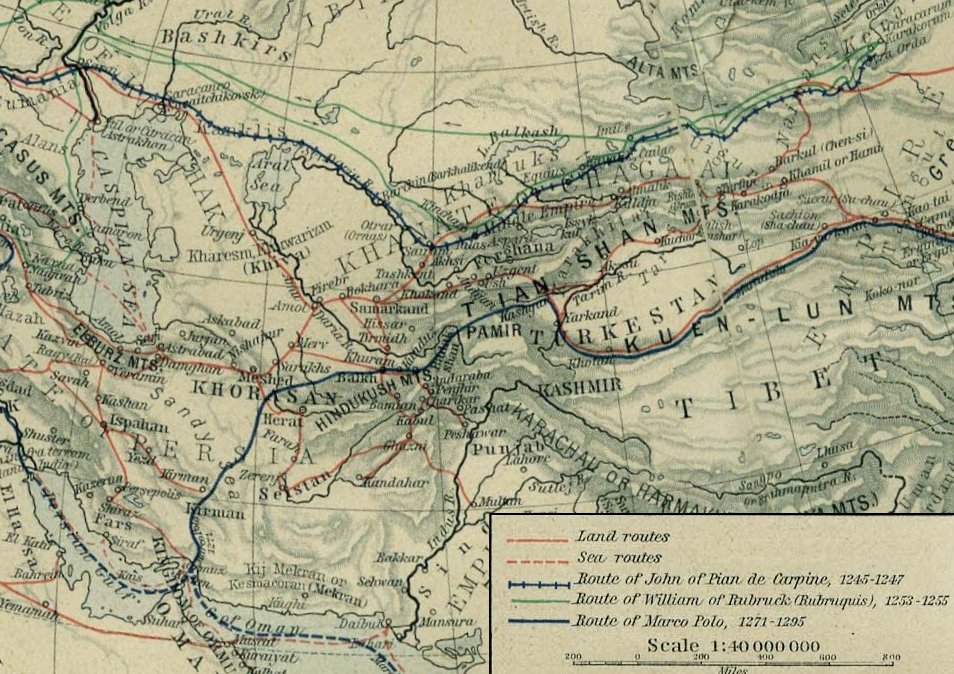 Medieval trade routes in Central Asia showing the overland Silk Road network