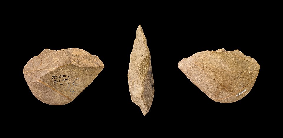 Multiple views of an Oldowan chopper from Saint-Clar-de-Rivière, Haute-Garonne, France, Lower Paleolithic, approximately 300,000 to 1 million years old