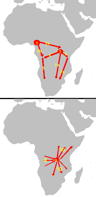 A map showing the routes and approximate dates of the Bantu expansion across sub-Saharan Africa