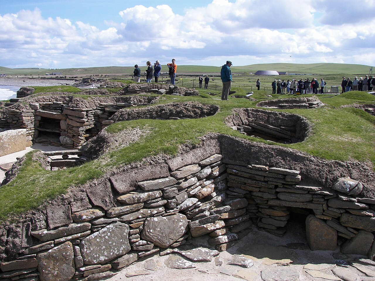 The well-preserved remains of stone houses at the Neolithic settlement of Skara Brae in Orkney, Scotland