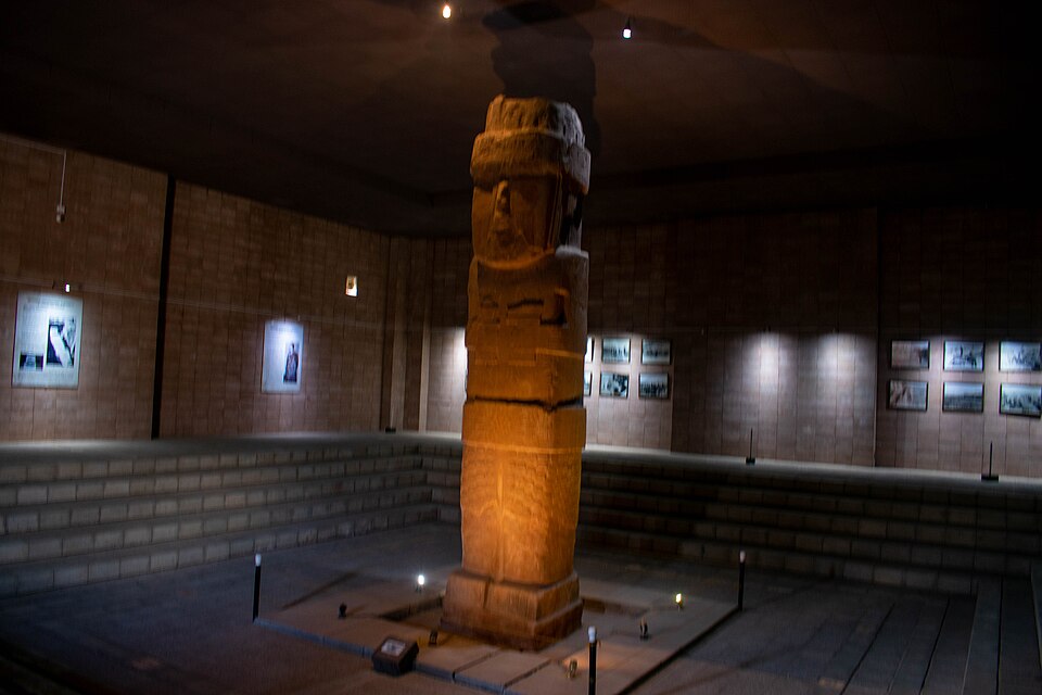 The Bennett Monolith at Tiwanaku, Bolivia, a tall carved sandstone stela depicting a richly attired figure covered in iconographic motifs