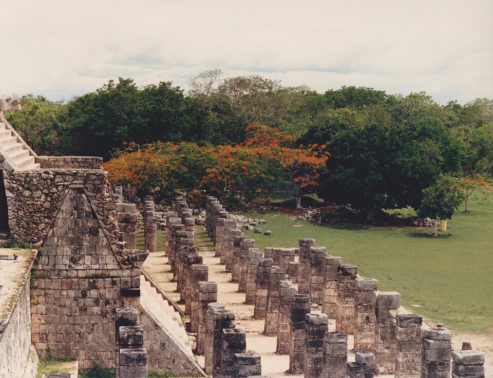 The Temple of the Warriors at Chichén Itzá showing rows of carved warrior columns