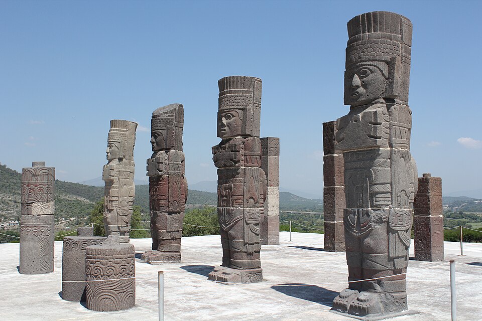 Pyramid B at Tula with the colossal Atlantean warrior columns on its summit