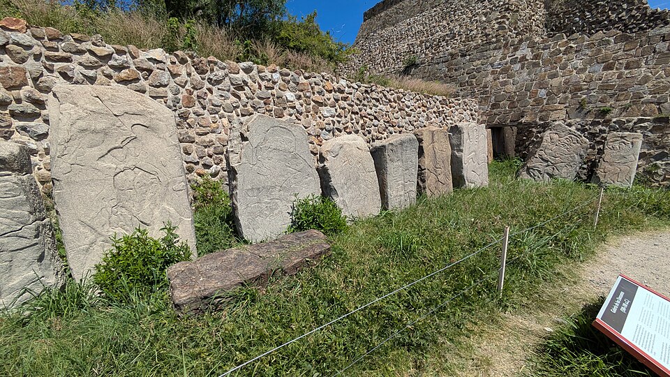 Gallery of the Danzantes carved stone slabs at Monte Albán, Oaxaca, depicting sacrificed captives