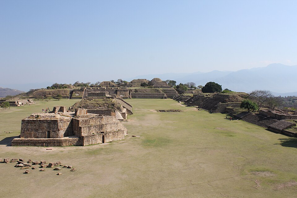 View of Monte Albán's Main Plaza with Building J and the North Platform in the background