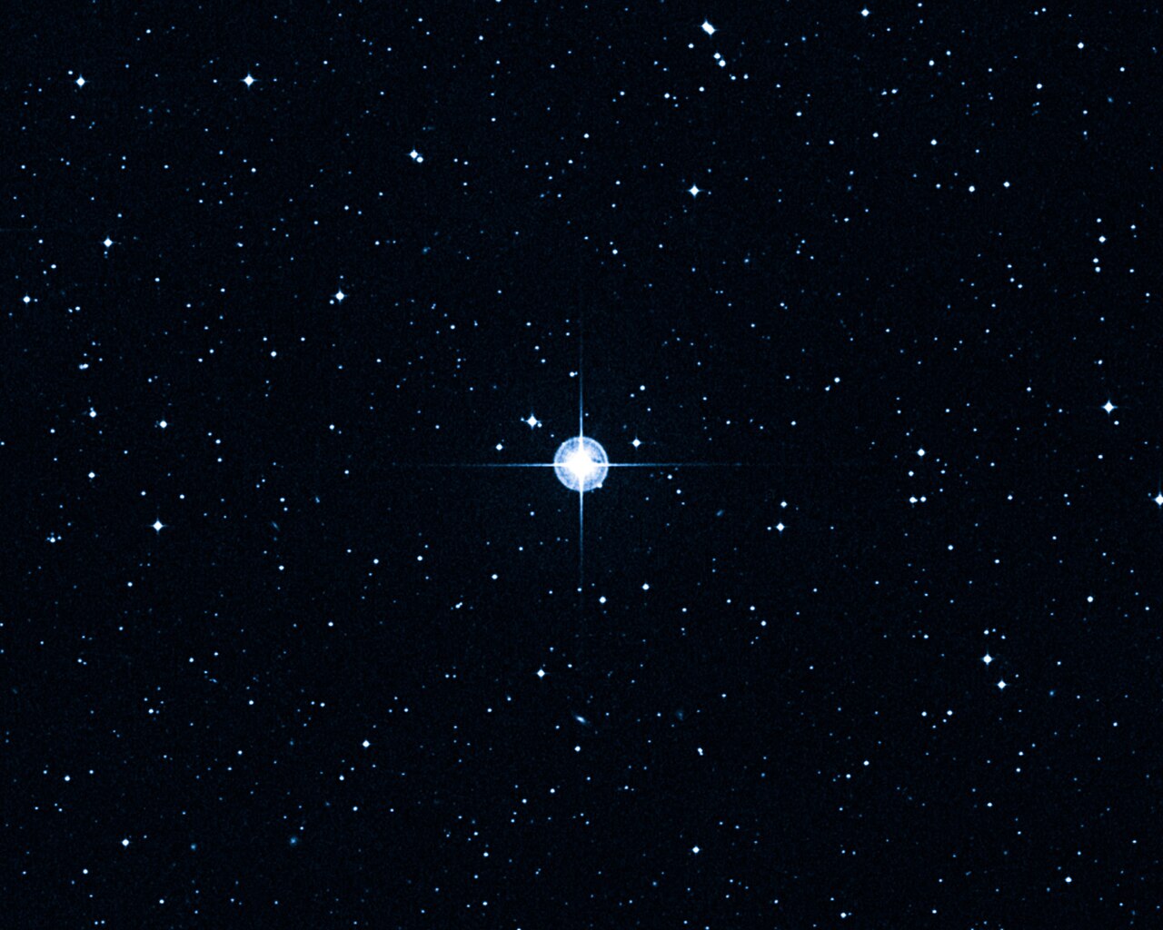 This is a Digitized Sky Survey image of the oldest star with a well-determined age in our galaxy. The very old star, catalogued as HD 140283, lies ove