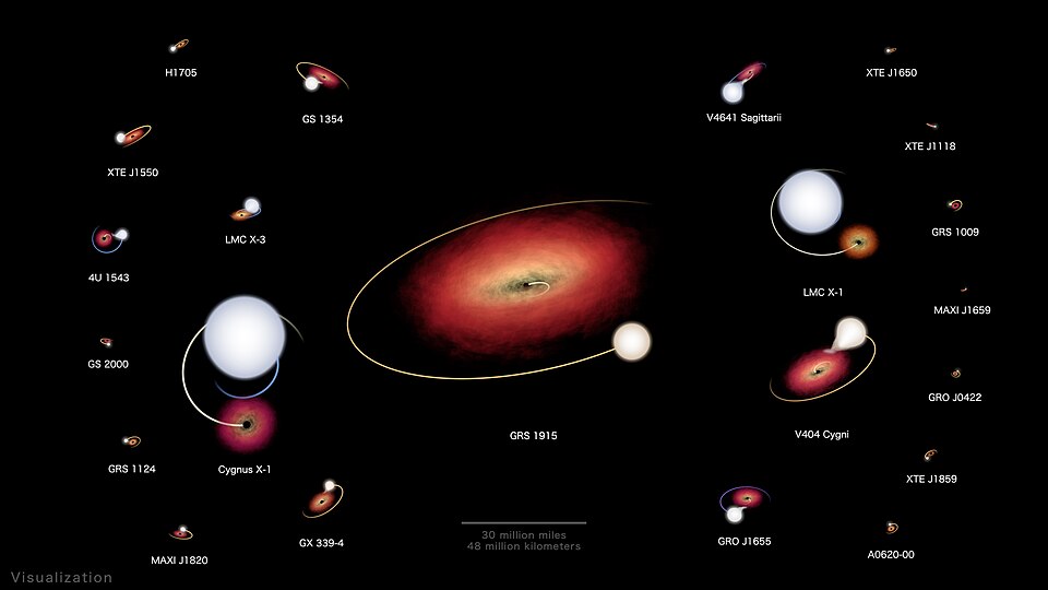 Visualization of 22 confirmed black hole X-ray binary systems in the Milky Way and Large Magellanic Cloud, shown to scale