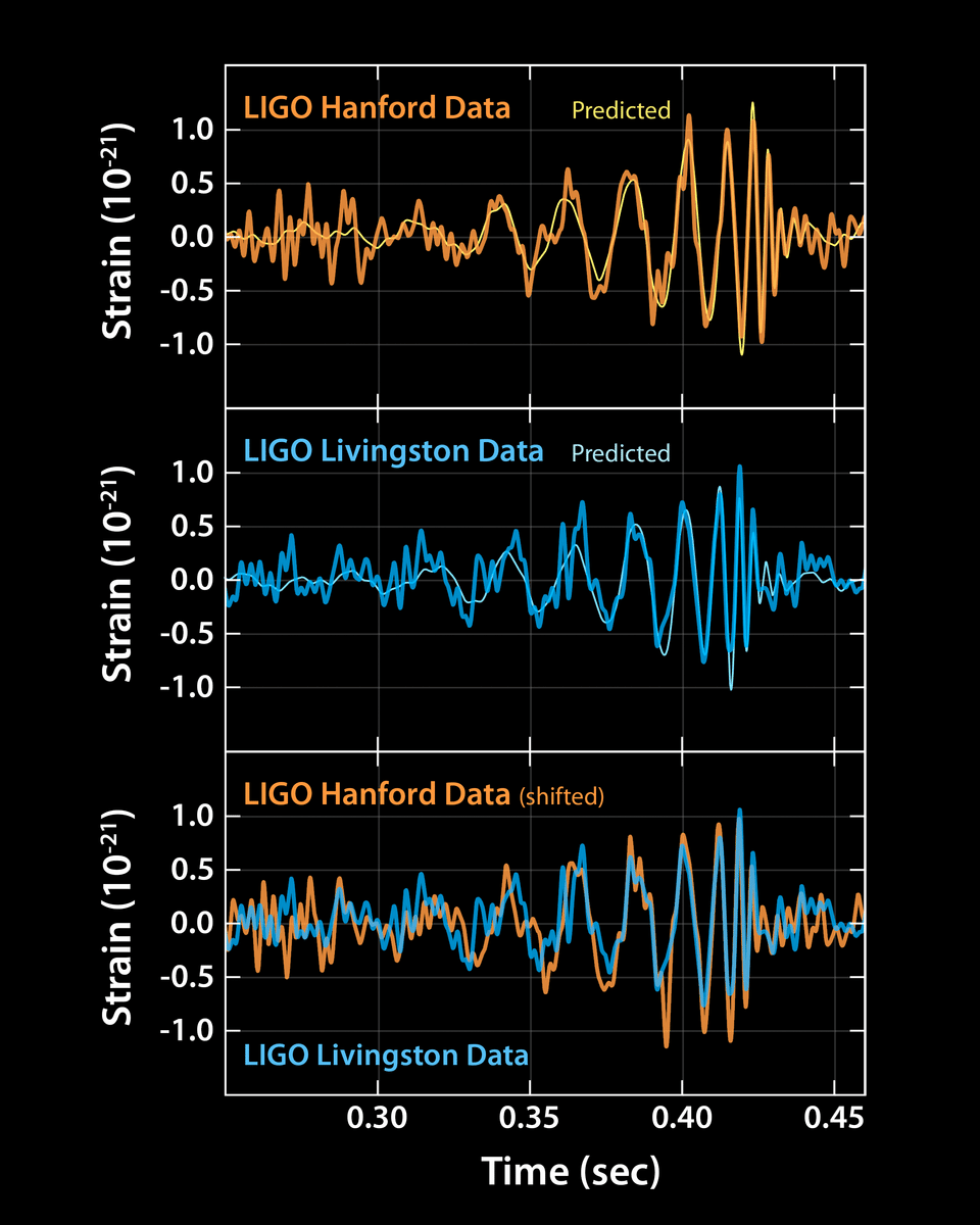 Gravitational wave strain data from the LIGO Livingston and Hanford detectors showing the GW150914 binary black hole merger signal
