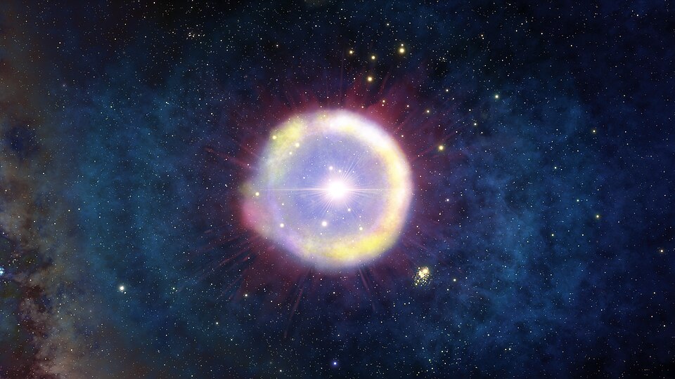 Artist's impression of a massive Population III star in the early universe, surrounded by primordial gas