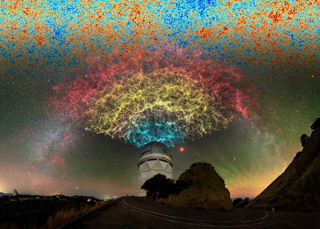 Artistic visualization of DESI year-one data showing the three-dimensional map of galaxies tracing the cosmic web of filaments and voids