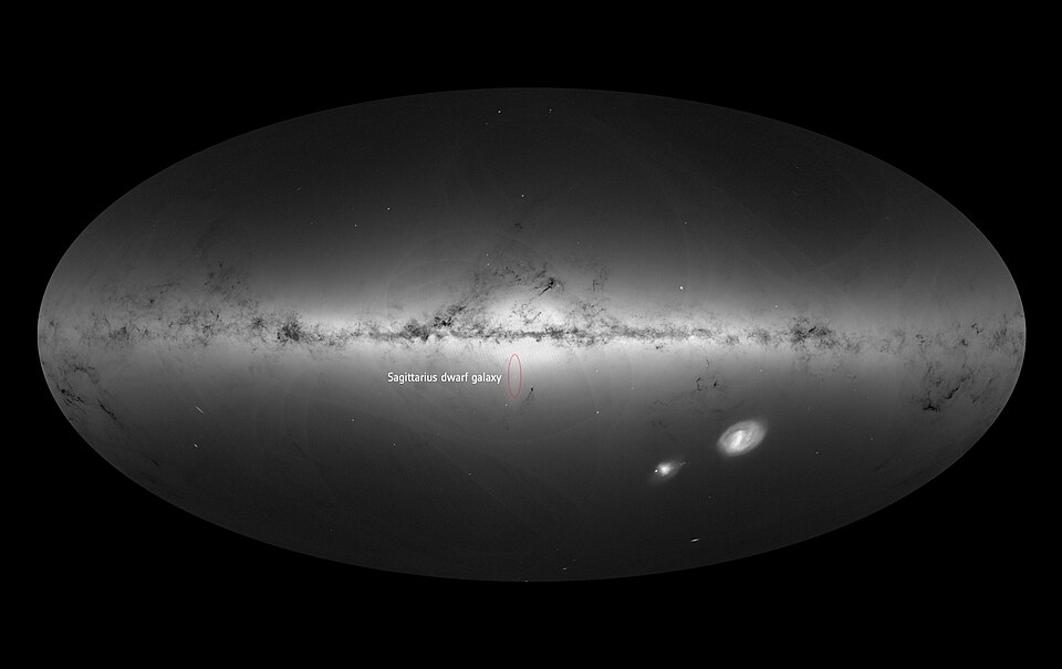 The Sagittarius dwarf galaxy visible as an elongated stream in Gaia's all-sky stellar density map