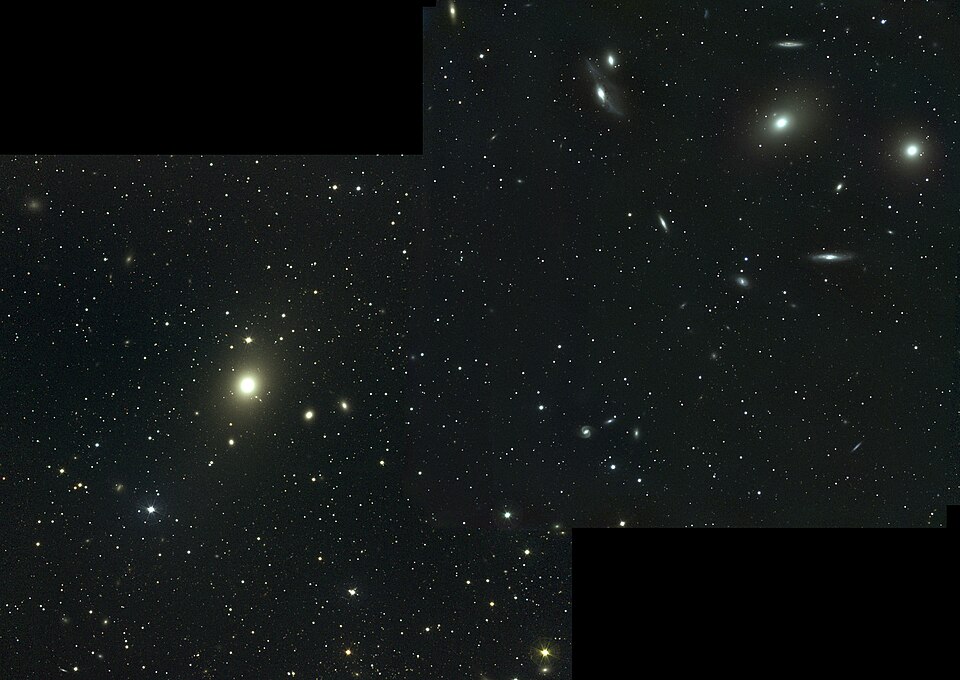 The western central region of the Virgo galaxy cluster showing hundreds of galaxies including the giant elliptical M87