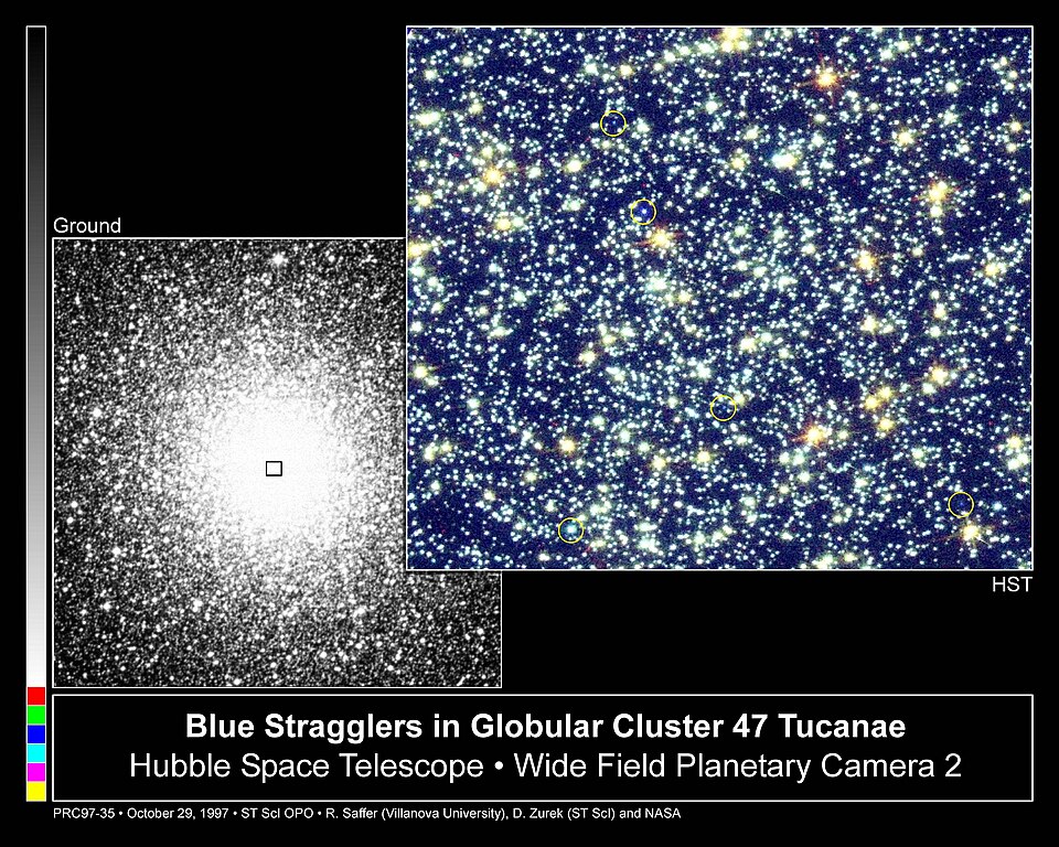 Ground-based and Hubble Space Telescope comparison images of the core of globular cluster 47 Tucanae, highlighting blue straggler stars